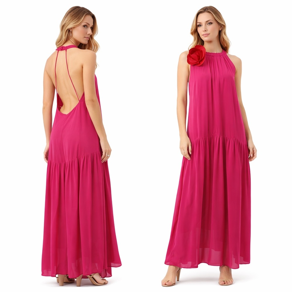Farm Rio Fuchsia Halter Maxi Dress Open Back Floral Detail Tiered Summer Evening